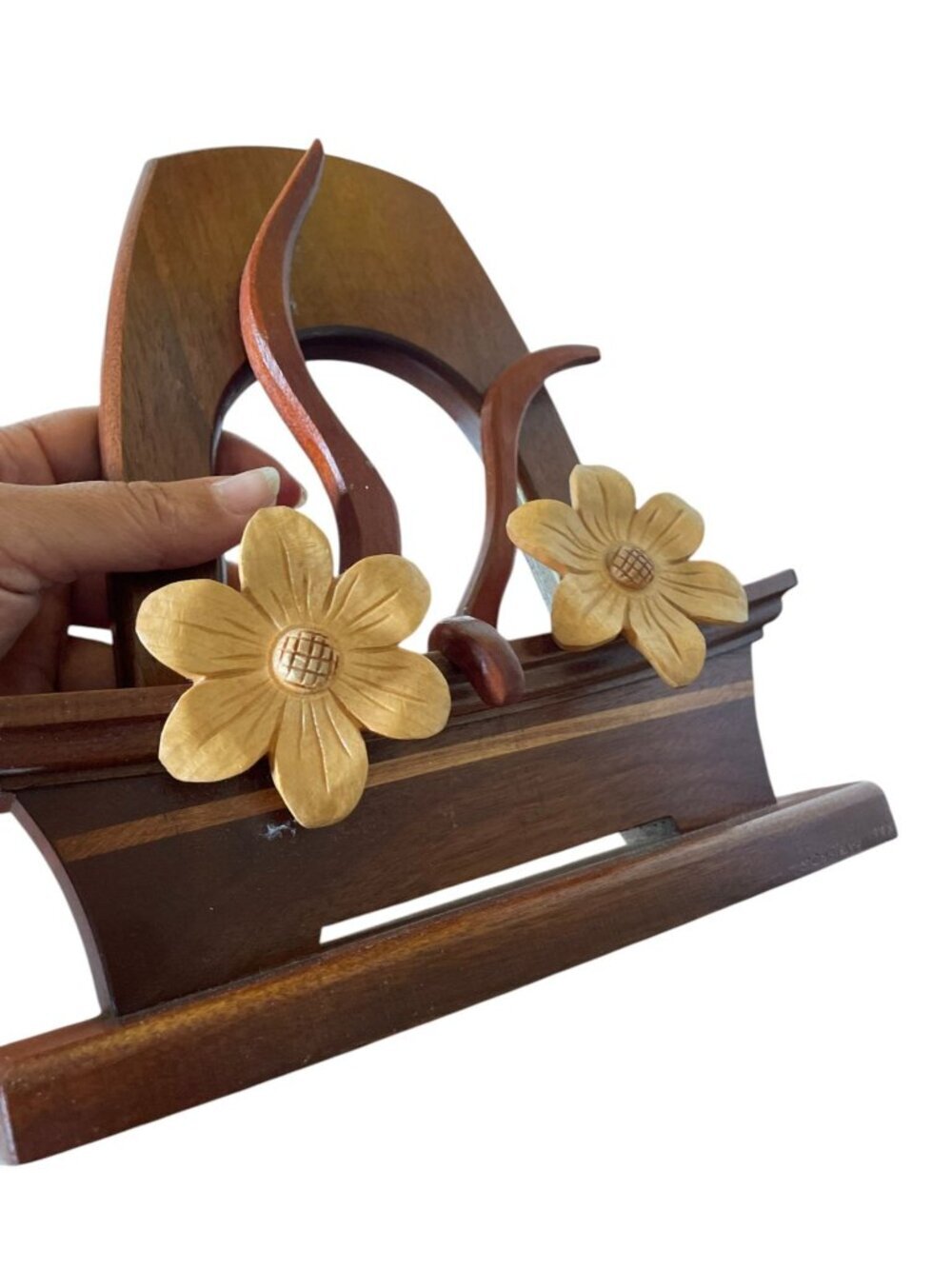 90's Hand Carved Wood Sculpture Art Piece Floral Intarsia Artisan - Picture 9 of 11